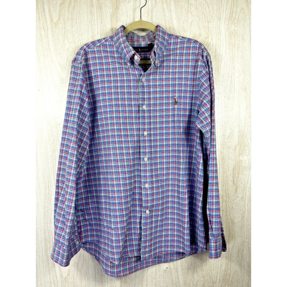 Ralph Lauren Button Down Shirt Mens L Blue Check Flesh Pony‎ Preppy Classic